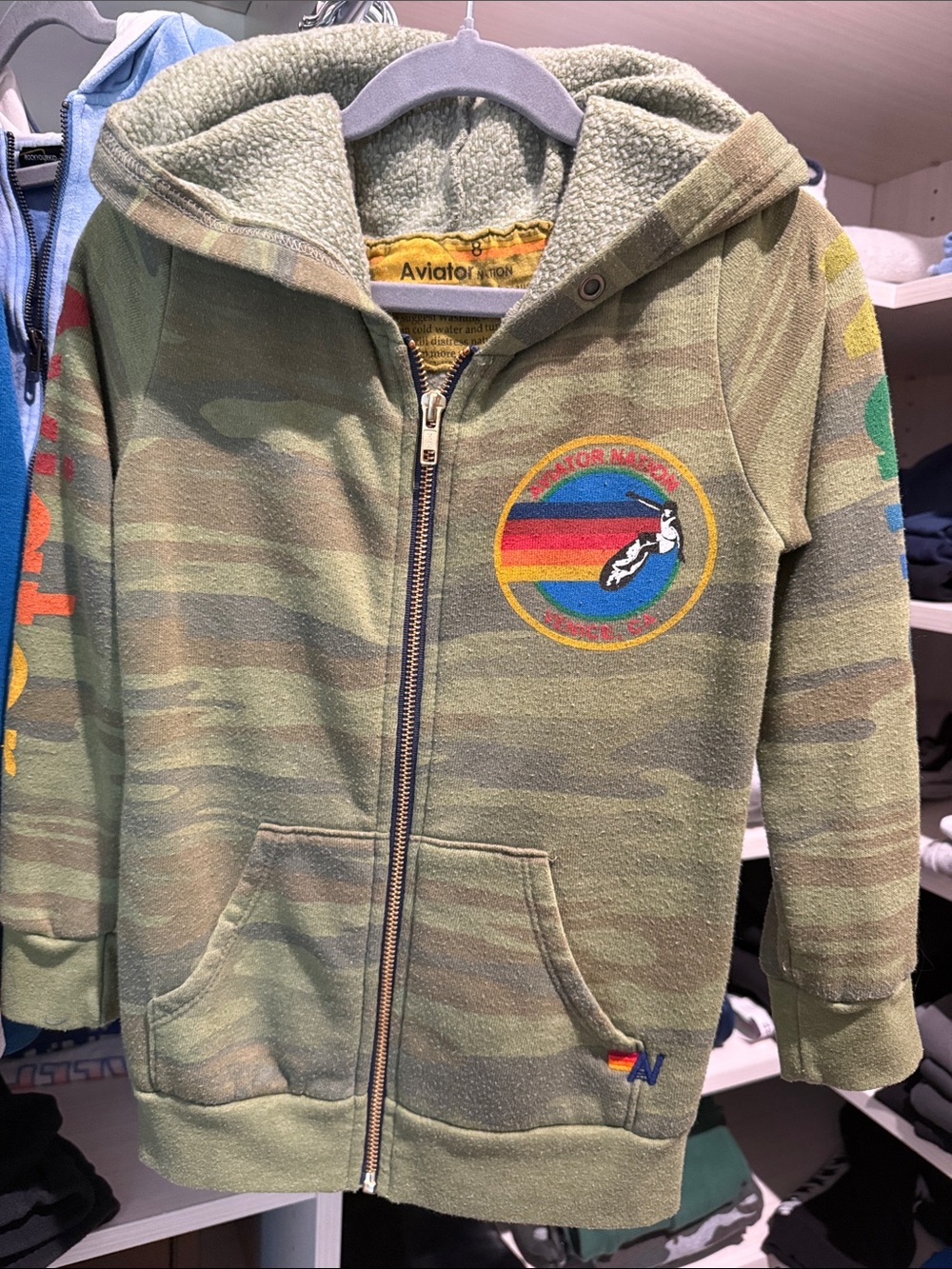 Aviator Nation Kids Green Camo Sherpa-Lined Zip Hoodie with Rainbow Patch